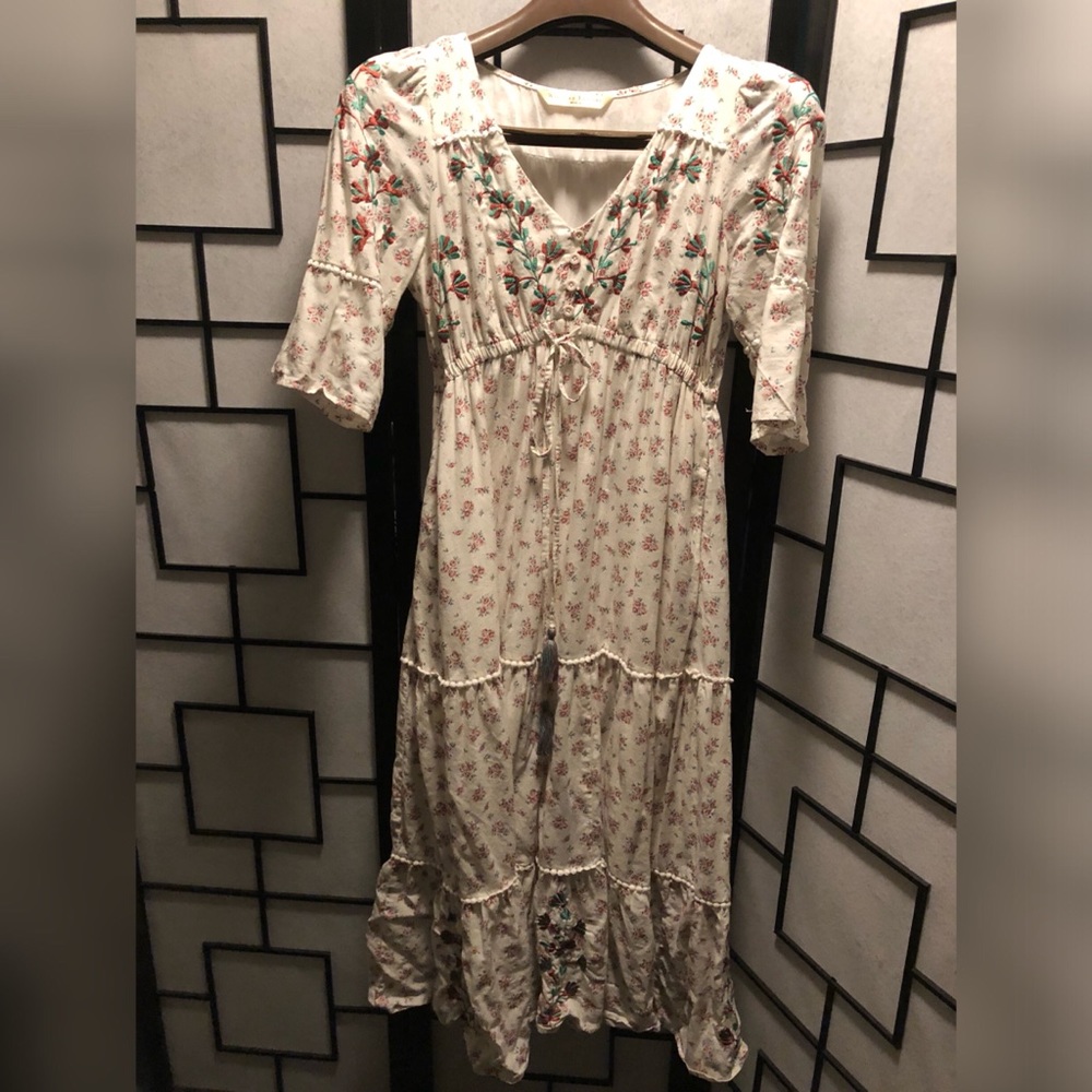 Floral Embroidery Rose Print Cotton Tiered Dress